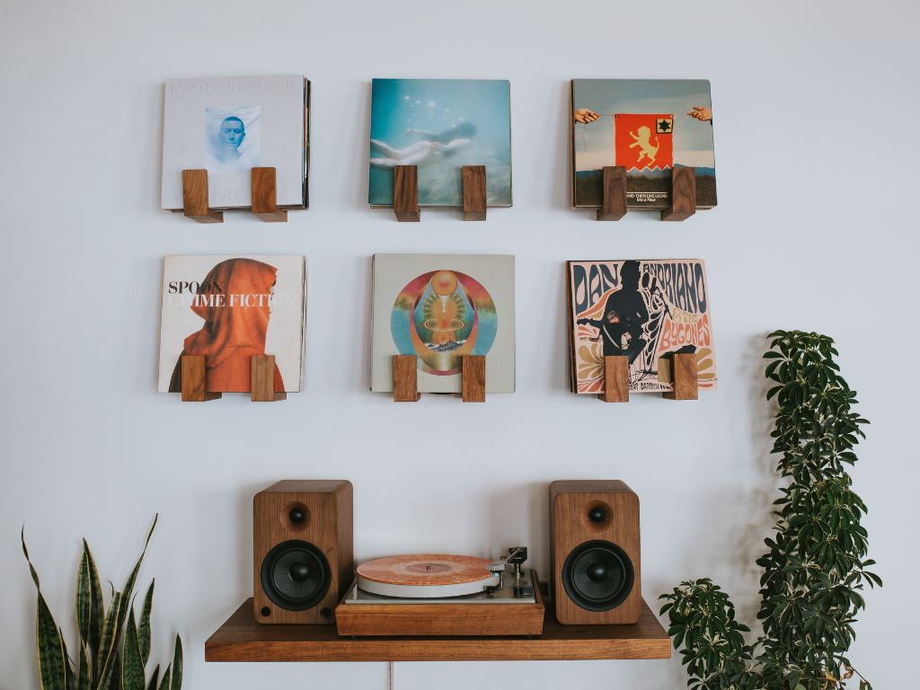 Wood and metal vinyl record wall holder